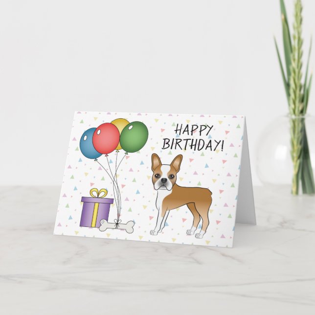 Carte Fawn Et White Boston Terrier Chien Joyeux Annivers (Devant)