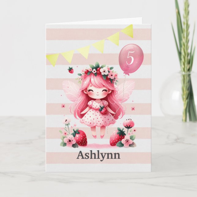 Carte Fée aux fraises roses 5e anniversaire (Devant)