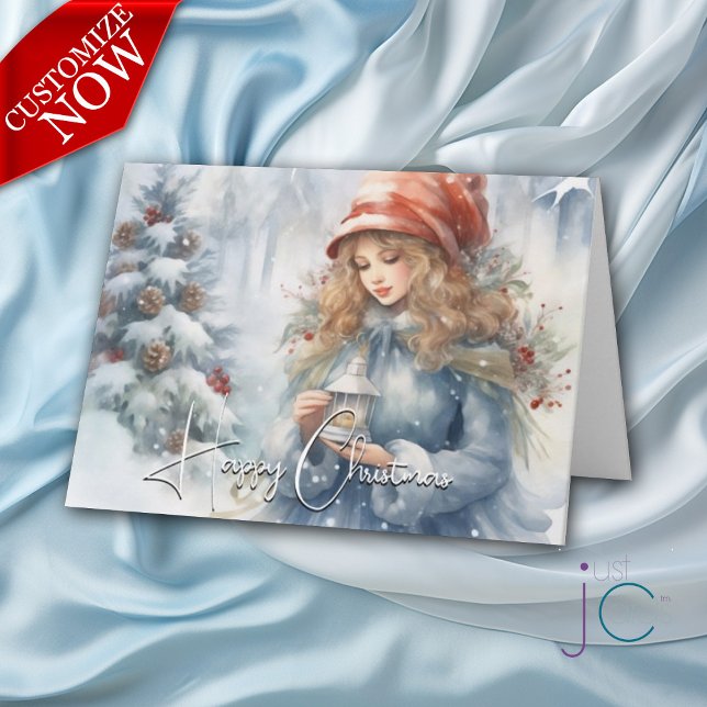 Carte Fée de Noël à lanterne aquarelle pour les fêtes (Customizable text)