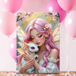 Carte Fée elfe rose et dragon blanc   Joyeux anniversair