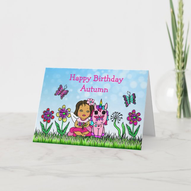 Carte Fée personnalisée et licorne Joyeux anniversaire (Devant)
