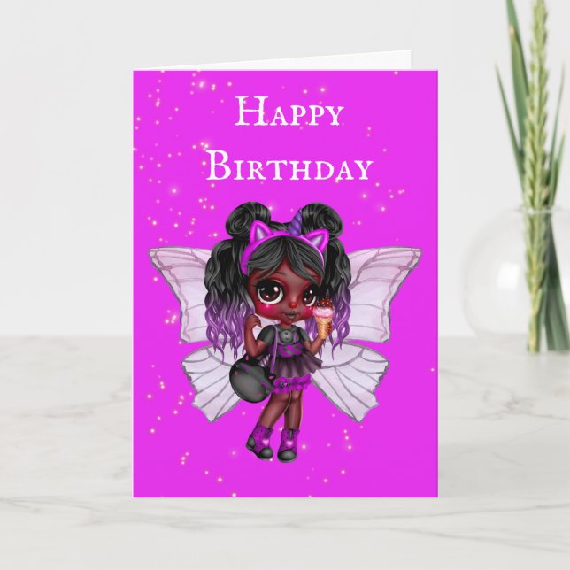 Carte Fée rose anniversaire de jeune fille afro-américai (Devant)