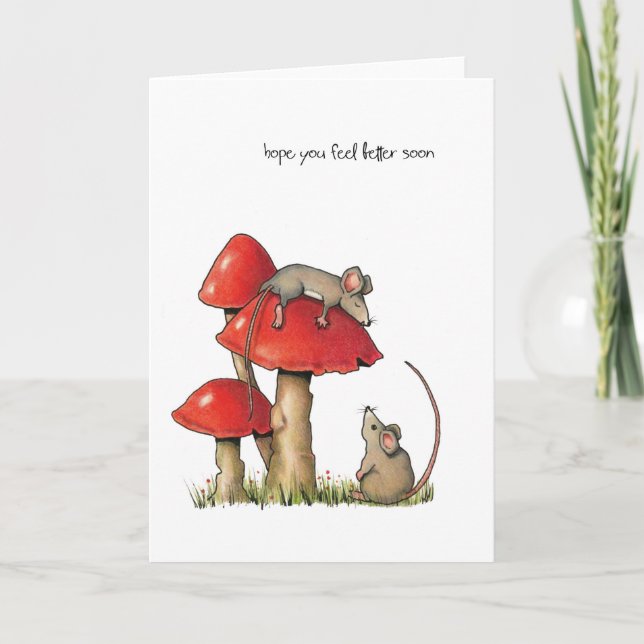 Carte Feel Better Soon, Whimsical Art, Mice, Toadstools (Devant)