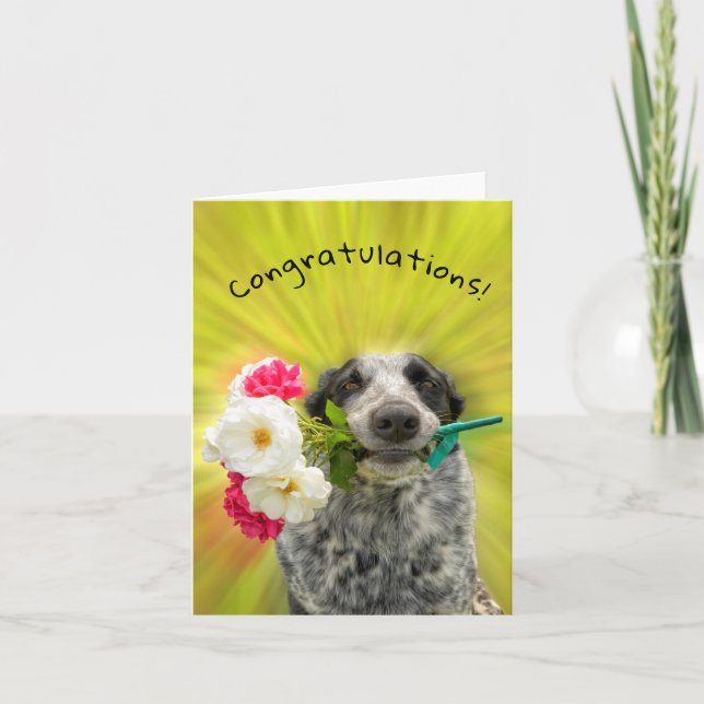 Carte Félicitation ! Heureux chien avec des fleurs (Devant)