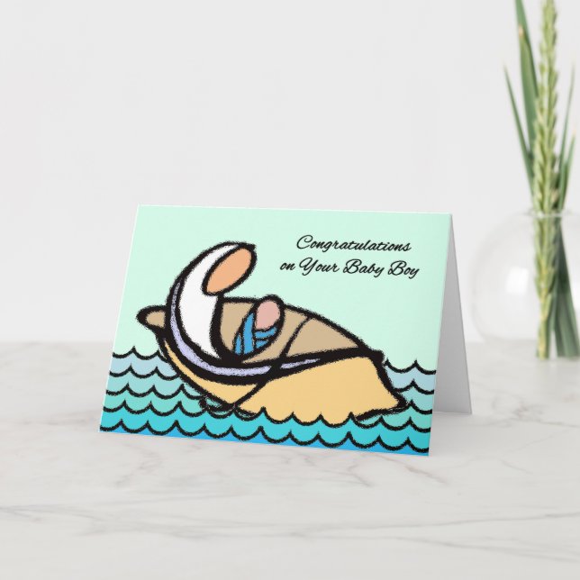 Carte Félicitations à Baby Boy, Mother, Son in Boat (Devant)