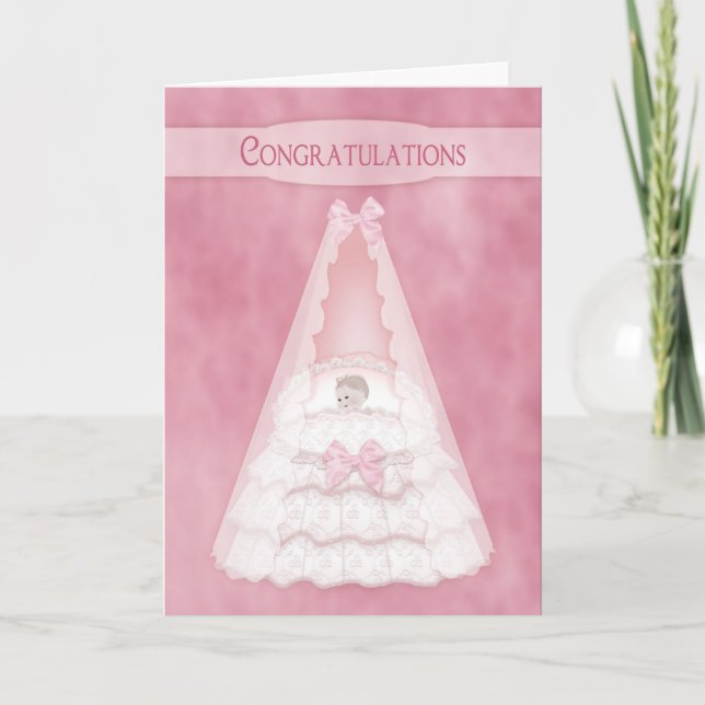 Carte Félicitations à Baby Girl - Baby in Bassinet (Devant)