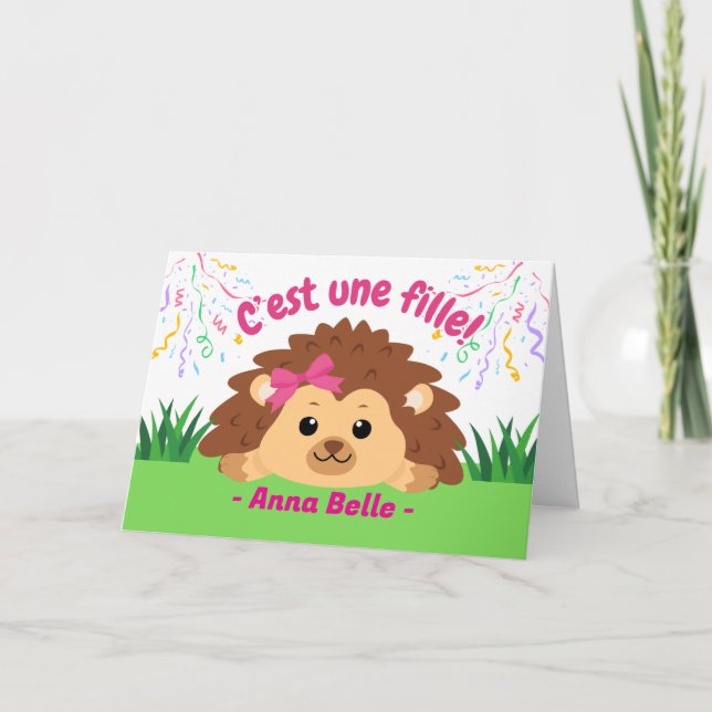 Carte Félicitations à la Française Baby Girl avec Hériss (Devant)