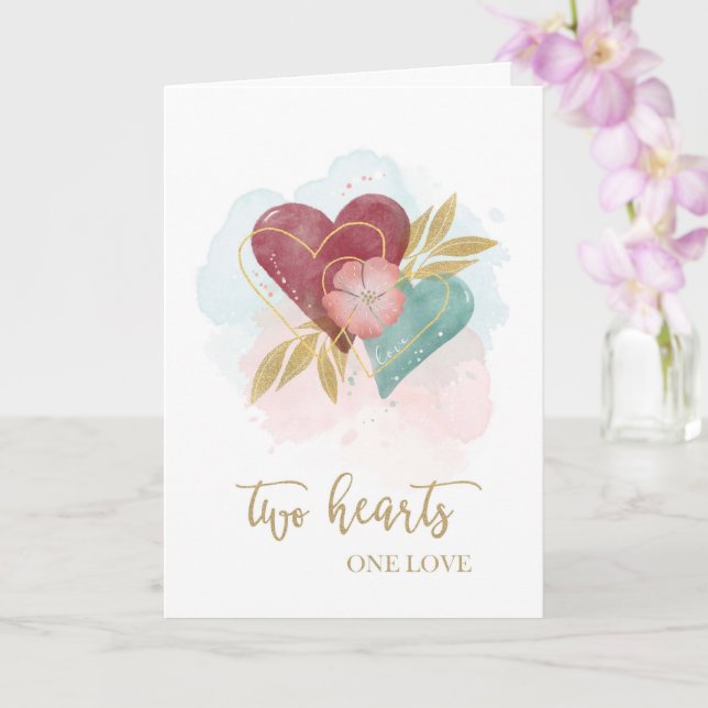 Carte Félicitations Anniversaire Aquarelle Deux Coeurs (Orchidée)