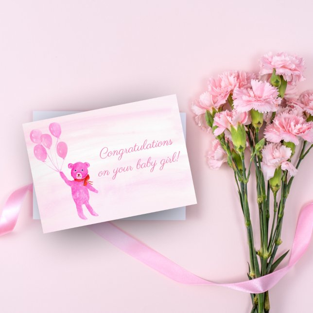 Carte Félicitations Aquarelle Rose Teddy Bear Girl (Créateur téléchargé)