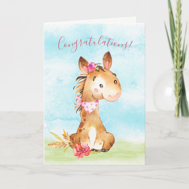 Carte Félicitations au Cheval de fille d'aquarelle (Devant)