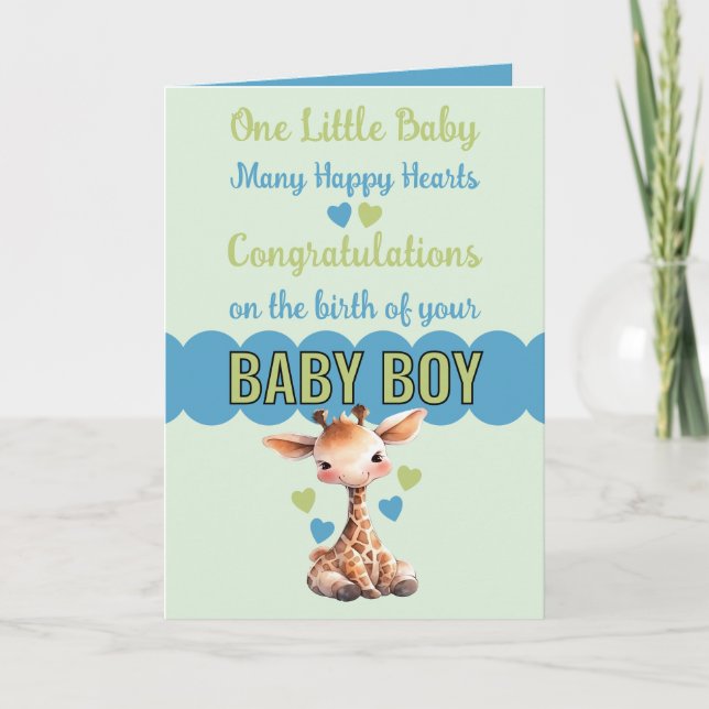 Carte Félicitations bébé garçon mignon girafe bleu (Devant)