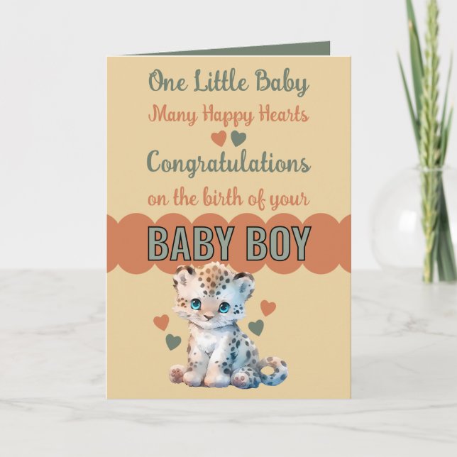 Carte Félicitations bébé garçon mignon léopard orange (Devant)