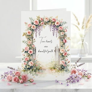 Carte Félicitations de mariage avec arche florale rose a