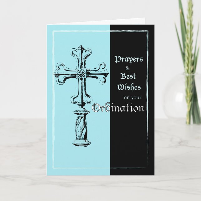 Carte Félicitations d'Ordination Croix sur Bleu et Noir (Devant)