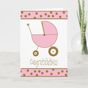 Carte Félicitations Fille Bébé - Poussette Rose