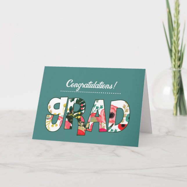 Carte Félicitations Grad. Texte floral personnalisé (Devant)