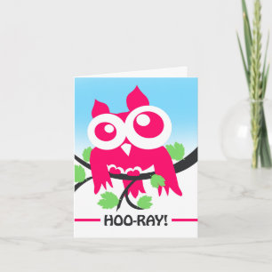 Carte Félicitations Hoo ray Cute Pink Owl à Branche