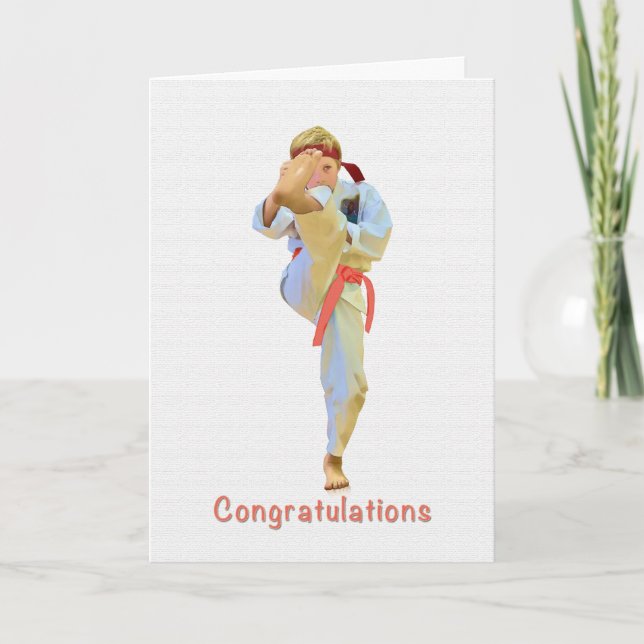Carte Félicitations, Karate Kicking Orange Belt Card (Devant)