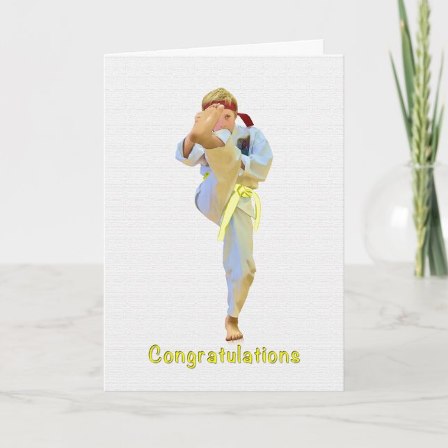 Carte Félicitations, Karate Kicking Yellow Belt Card (Devant)