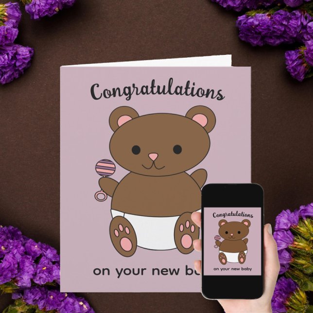 Carte Félicitations Nouveau Bébé Fille Ours Personnalise (Créateur téléchargé)