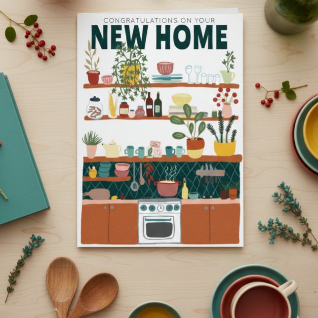 Carte FÉLICITATIONS NOUVELLE MAISON MOVING Cute Kitchen (CONGRATULATIONS NEW HOME MOVING Housewarmoing Cute Kitchen Greeting Card
)