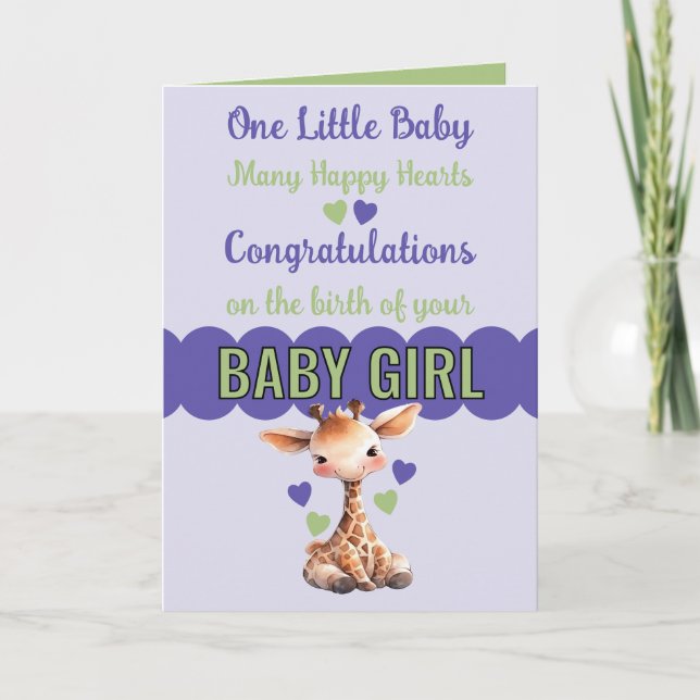 Carte Félicitations petite fille mignonne girafe pourpre (Devant)