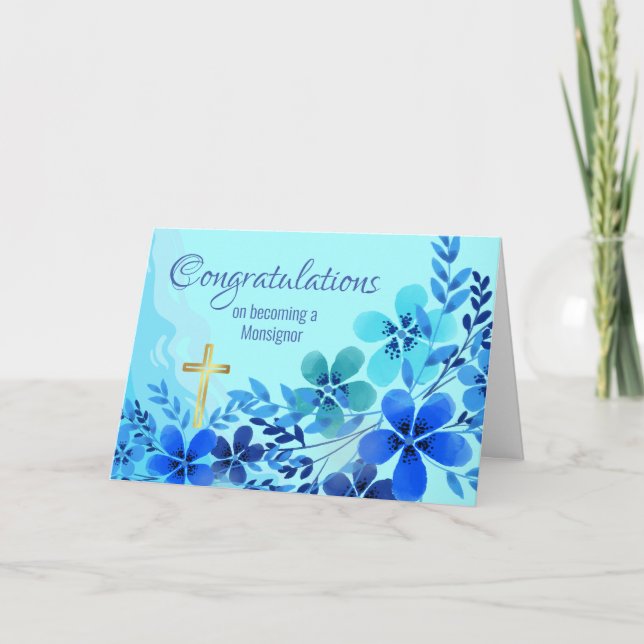 Carte Félicitations pour devenir Monsignor Blue Flowers (Devant)