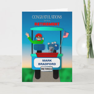Carte Félicitations pour la retraite Golfer Riding Panie