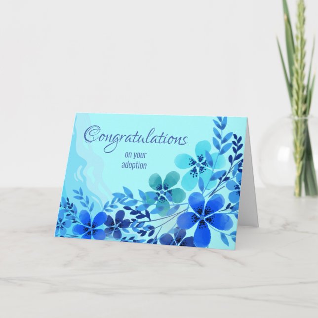 Carte Félicitations pour l'adoption avec des fleurs bleu (Devant)