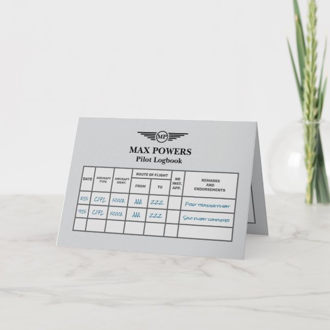 Carte Félicitations pour le vol solo sur carnet de vol (Devant)