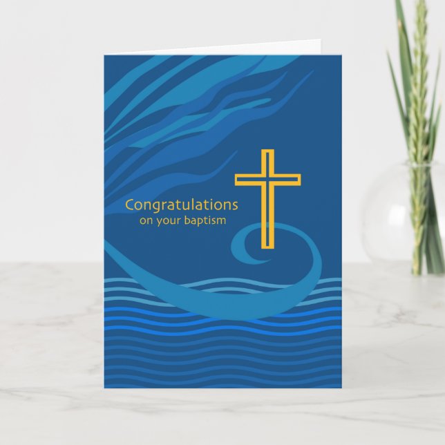 Carte Félicitations pour votre baptême, bleu, Croix d'or (Devant)