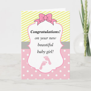 Carte Félicitations roses et nouveau bébé jaune