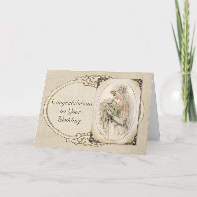 Carte Félicitations vintages de mariage de jeune mariée (Devant)