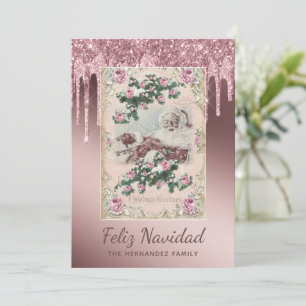 Carte Feliz Navidad Rose Gold Glitter Drips Noël
