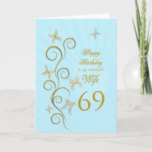 Carte Femme 69e anniversaire avec papillons dorés (Devant)