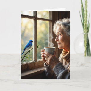 Carte Femme âgée pour son anniversaire regardant un oise