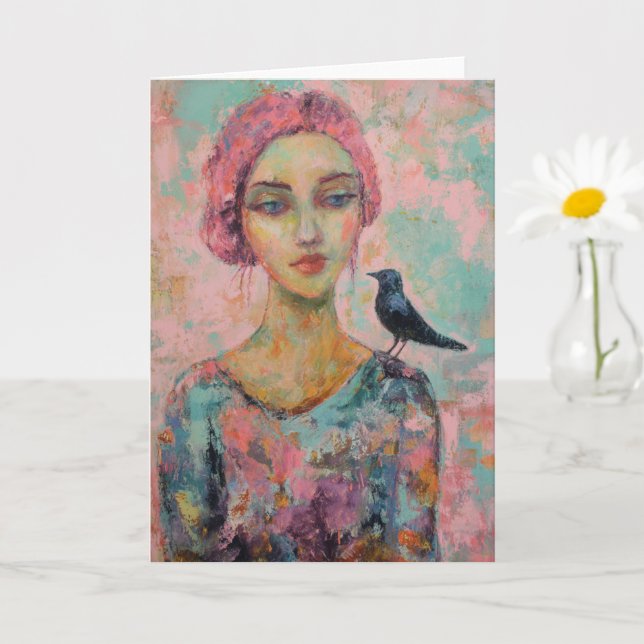 Carte Femme aux cheveux roses et un oiseau sur son épaul (Petite plante)