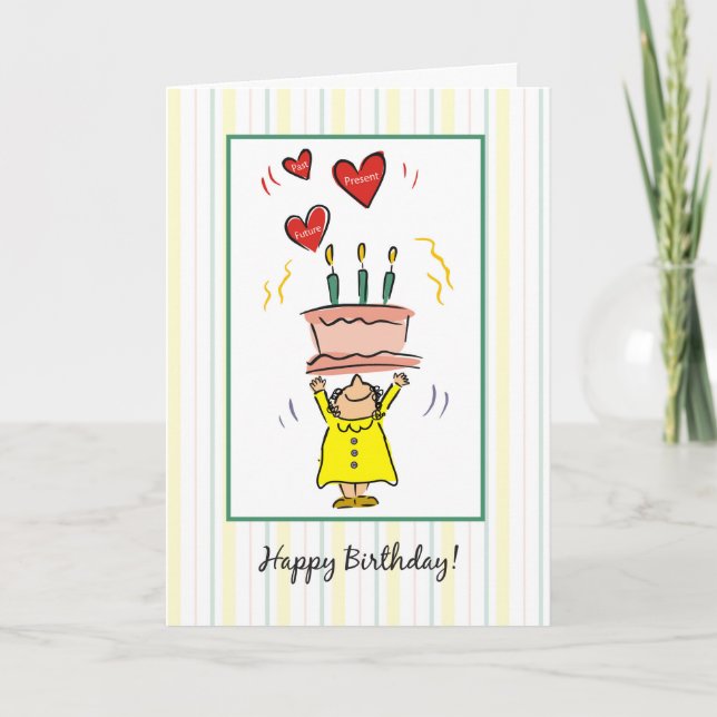 Carte Femme avec gâteau d'anniversaire et coeur Caricatu (Devant)