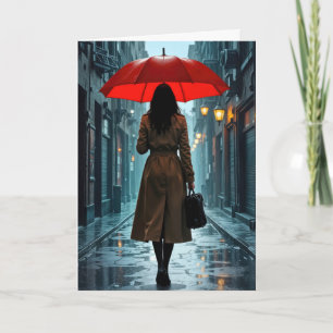Carte Femme d'anniversaire sous un parapluie rouge