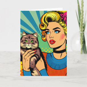 Carte Femme de l'art pop cartoonistique tenant un chat