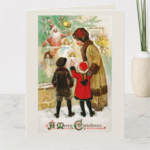 Carte Femme de Noël vintage et enfants faisant du lèche-
