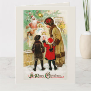 Carte Femme de Noël vintage et enfants faisant du lèche-
