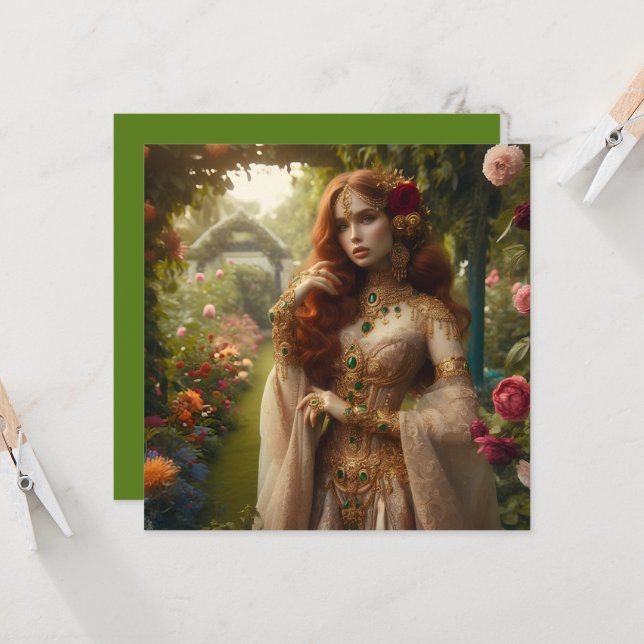 Carte Femme dorée pré-Raphaeltie 2 dans le jardin (Devant/Arrière en situation)