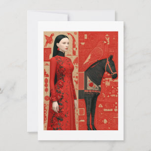 Carte Femme en robe rouge fleurie & cheval noir