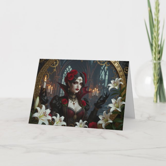 Carte Femme gothique et fleurs Anniversaire (Devant)