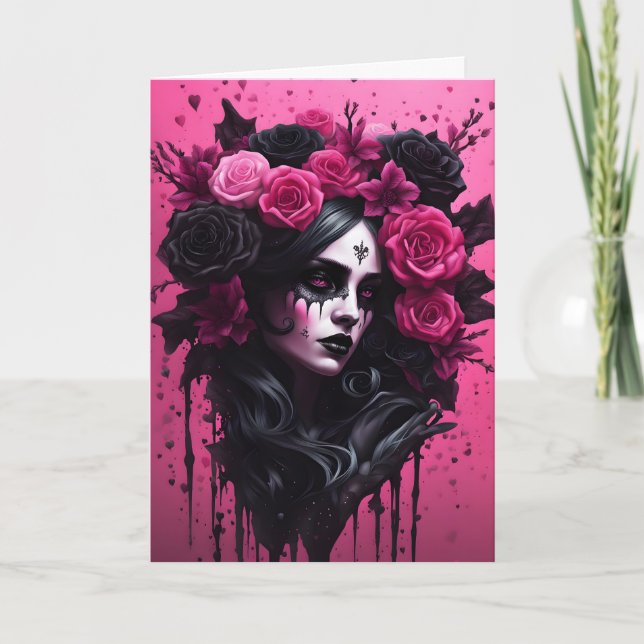 Carte Femme gothique Saint-Valentin rose et noir (Devant)