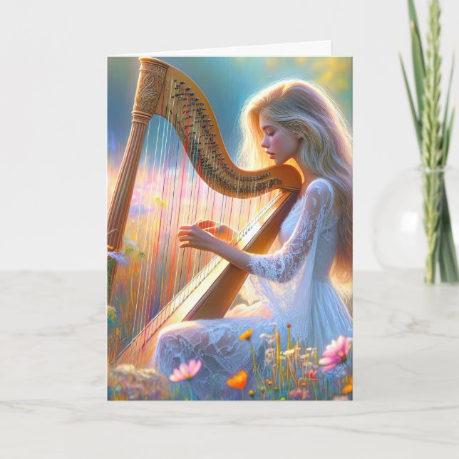 Carte Femme jouant d'une harpe en Fleur sauvage (Devant)