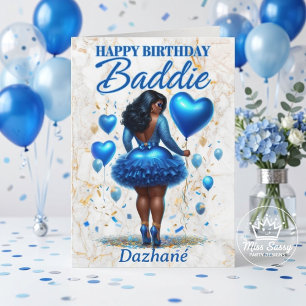 Carte Femme noire badass d'anniversaire à fleurs bleues