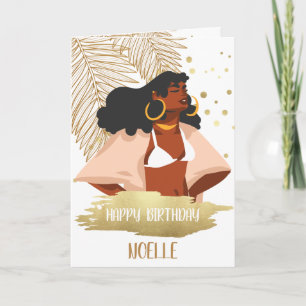 Carte Femme noire, Feuille Tropicale Or, Anniversaire