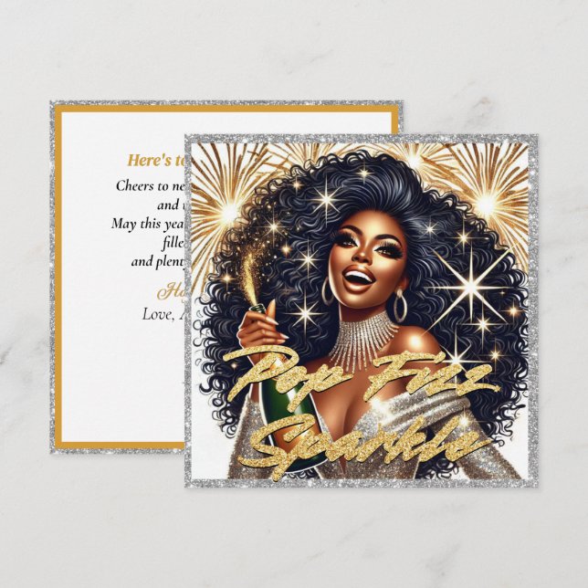 Carte Femme Noire Glamour Faisant Saute une Bouteille de (Devant / Derrière)